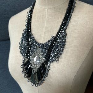 Vintage Elegant Gatsby Style Beaded Collar Style Necklace - Black & Silver